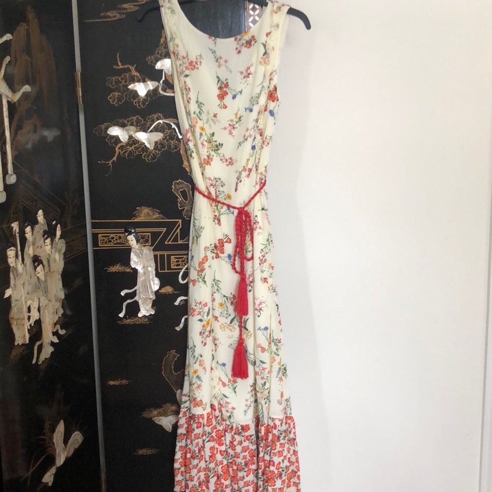 FARM Rio Cream Maxi Dress with Red Tassel Belt and Multicolor Floral Print